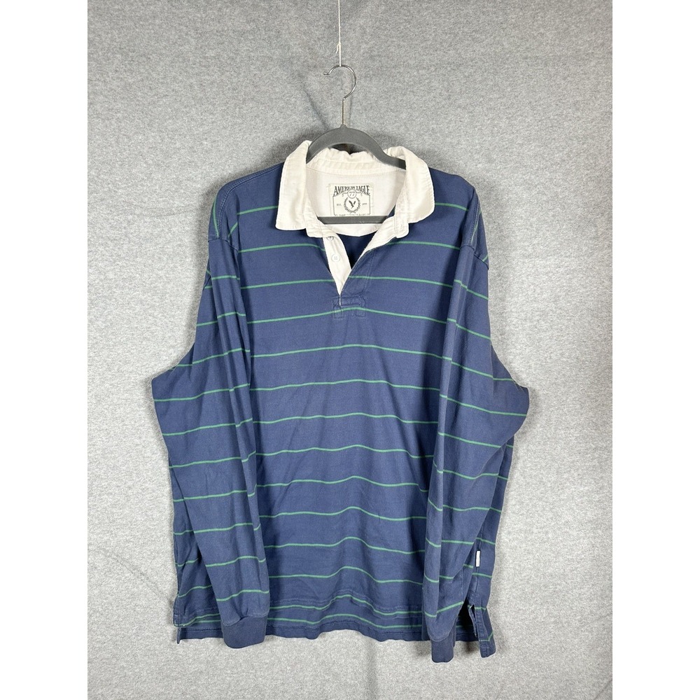 American Eagle 77 Throwback Rugby Shirt Mens XXXL Navy Green Stripe Long Sleeve
